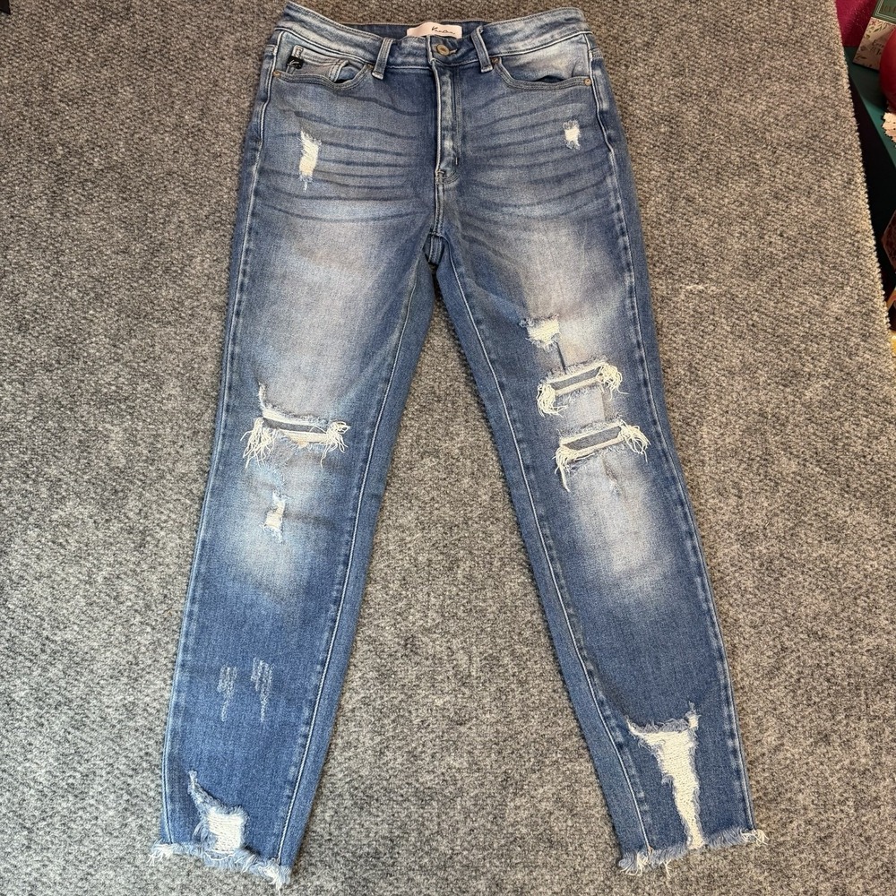Kancan Women's Blue Medium Wash Mid Rise Skinny Jeans Distressed 11/29